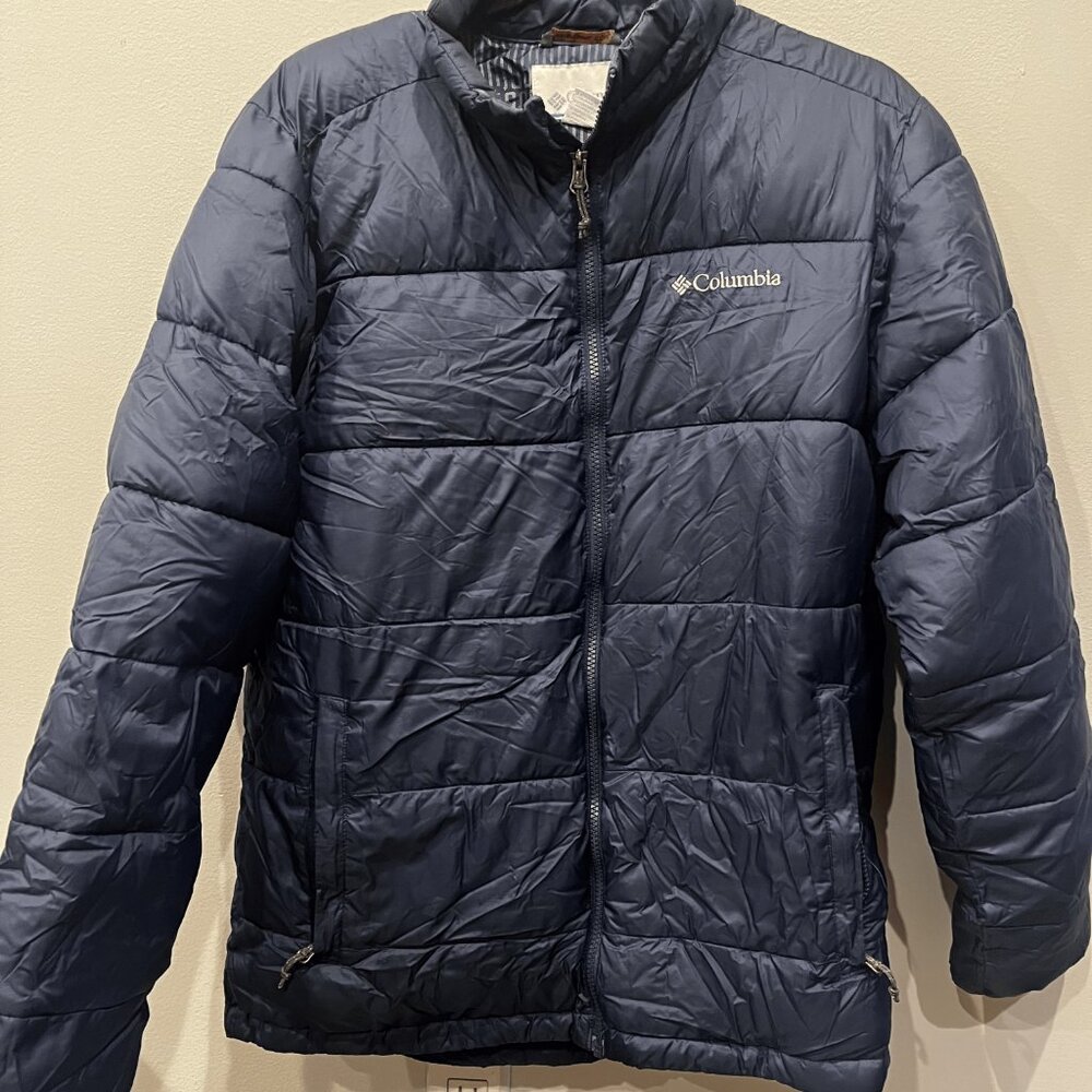 blue columbia puffer jacket
